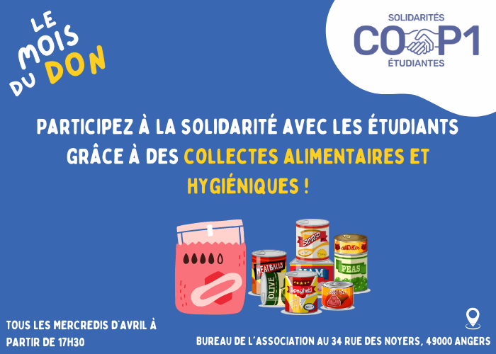 Découvrez Cop1 Solidarités Étudiantes grâce à des collectes alimentaires et hygiéniques, le 24 avril !